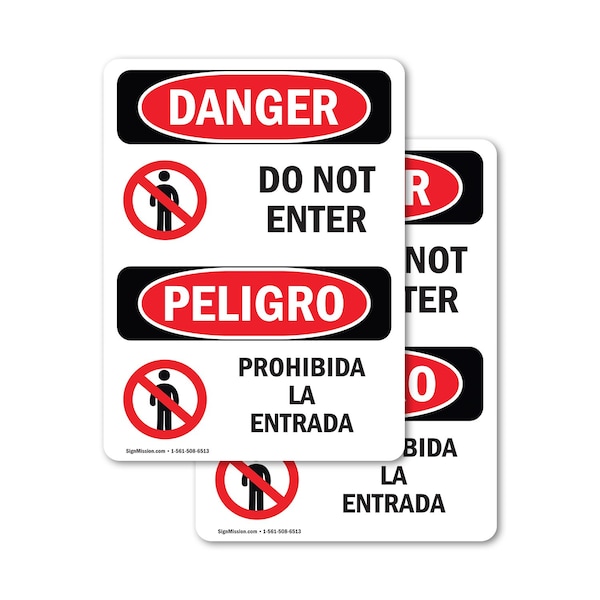 Signmission Do Not Enter Bilingual Danger Sign, Vinyl Decal, 10in W x 14in L, 2PK OS-2PACK-DS-D-1014-VS-1151 - main